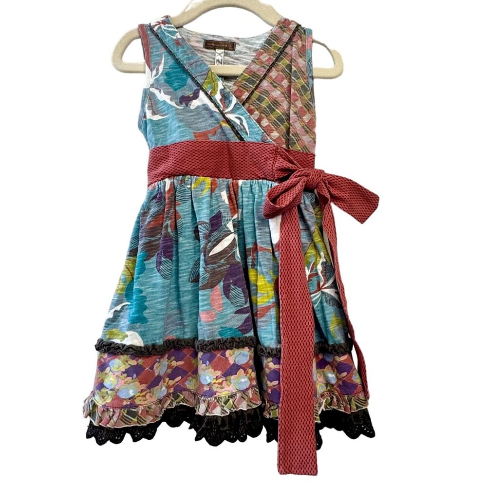 MATILDA JANE Wrap Dress Girls 2T 2 Aqua Floral & Plaid With Red Bow Accent
